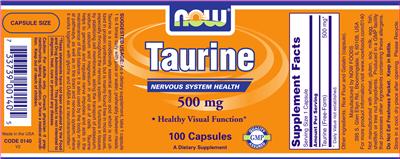 Photo of the NOW Taurine 500 mg label