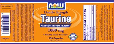 Photo of the NOW Double Strength Taurine 1000 mg label