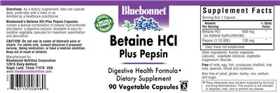 Photo of the Bluebonnet Betaine HCl Plus Pepsin label