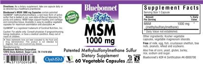 Photo of the Bluebonnet MSM 1000 mg label