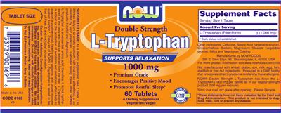 Photo of the NOW Double Strength L-Tryptophan 1000 mg label