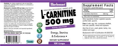 Photo of the Bluebonnet L-Carnitine 500 mg label
