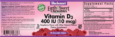 Photo of the Bluebonnet EarthSweet Chewables Vitamin D3 400 IU (10 mcg) Raspberry Flavor label