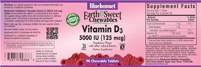 Photo of the Bluebonnet EarthSweet Chewables Vitamin D3 5000 IU (125 mcg) Raspberry Flavor label