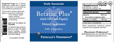 Photo of the Physician's Preference Betaine Plus label