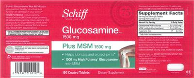 Photo of the Schiff Glucosamine HCl 1500 mg Plus MSM 1500 mg label