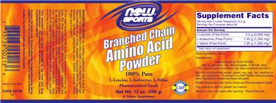 Photo of the NOW Sports Branched Chain Amino Acid Powder label