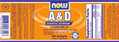 Photo of the NOW A & D 10,000/400 IU label