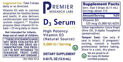 Photo of the Premier Research Labs D3 Serum 5,000 IU label