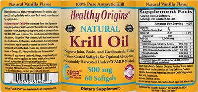 Photo of the Healthy Origins Krill Oil 500 mg Natural Vanilla Flavor label