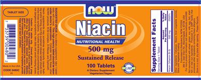 Photo of the NOW Niacin 500 mg Sustained Release label
