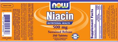Photo of the NOW Niacin 500 mg Sustained Release label