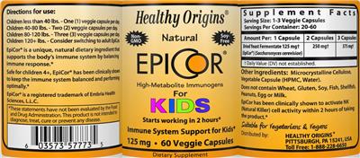 Photo of the Healthy Origins EpiCor 125 mg for Kids label