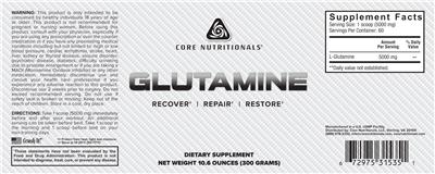 Photo of the Core Nutritionals Glutamine label