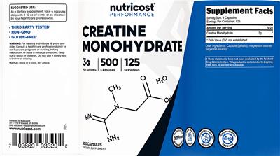 Photo of the Nutricost Creatine Monohydrate 3 g label