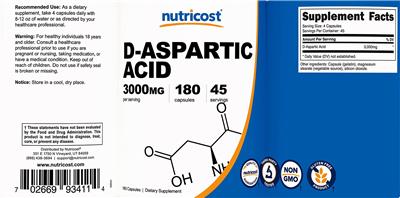 Photo of the Nutricost D-Aspartic Acid 3000 mg label