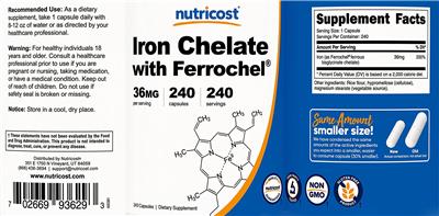 Photo of the Nutricost Iron Chelate with Ferrochel 36 mg label