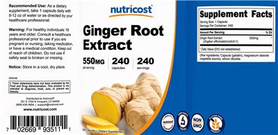 Photo of the Nutricost Ginger Root Extract 550 mg label