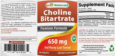 Photo of the Best Naturals Choline Bitartrate 650 mg label