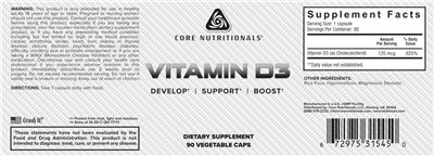 Photo of the Core Nutritionals Vitamin D3 label