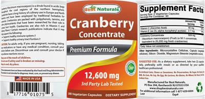 Photo of the Best Naturals Cranberry Concentrate 12,600 mg label