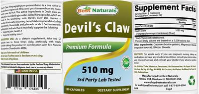 Photo of the Best Naturals Devil's Claw 510 mg label