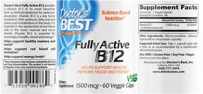 Photo of the Doctor's Best Fully Active B12 1500 mcg label