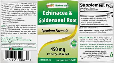 Photo of the Best Naturals Echinacea & Goldenseal Root 450 mg label