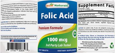 Photo of the Best Naturals Folic Acid 1000 mcg label