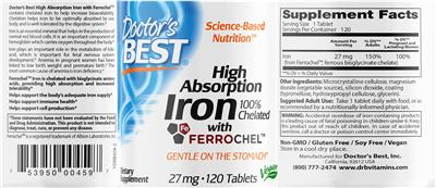 Photo of the Doctor's Best High Absorption Iron with Ferrochel 27 mg label