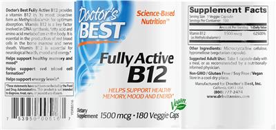 Photo of the Doctor's Best Fully Active B12 1500 mcg label