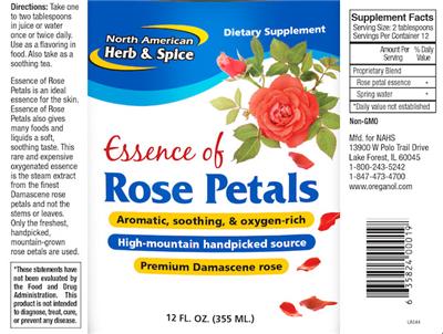 Photo of the North American Herb & Spice Essence of Rose Petals label