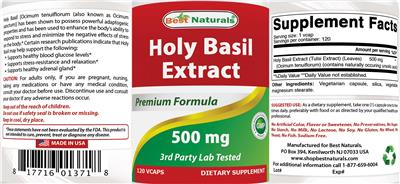 Photo of the Best Naturals Holy Basil Extract 500 mg label