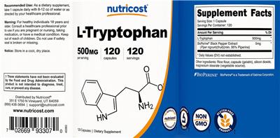 Photo of the Nutricost L-Tryptophan 500 mg label