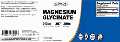 Magnesium Glycinate 210 mg Unflavored のラベル画像（NIH DSLD）