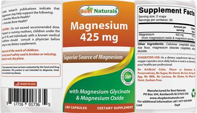 Photo of the Best Naturals Magnesium 425 mg label