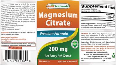 Photo of the Best Naturals Magnesium Citrate 200 mg label