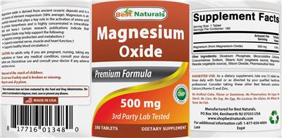 Photo of the Best Naturals Magnesium Oxide 500 mg label