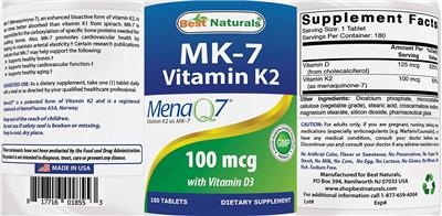 Photo of the Best Naturals MK-7 Vitamin K2 100 mcg label