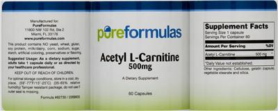 Photo of the PureFormulas Acetyl L-Carnitine 500 mg label