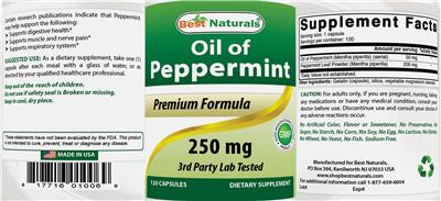 Photo of the Best Naturals Oil of Peppermint 250 mg label