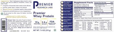 Photo of the Premier Research Labs Premier Whey Protein label