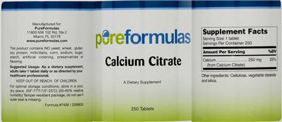 Photo of the PureFormulas Calcium Citrate label