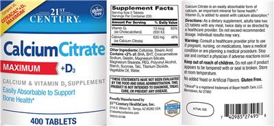 Photo of the 21st Century Calcium Citrate +D3 Maximum label