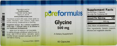 Photo of the PureFormulas Glycine 500 mg label