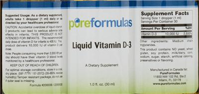 Photo of the PureFormulas Liquid Vitamin D-3 label