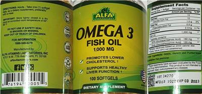 Photo of the Alfa Vitamins Omega-3 Fish Oil 1,000 mg label