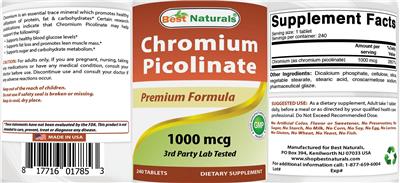 Photo of the Best Naturals Chromium Picolinate 1000 mcg label