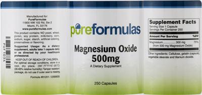 Photo of the PureFormulas Magnesium Oxide 500 mg label
