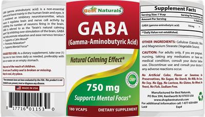 Photo of the Best Naturals GABA 750 mg label